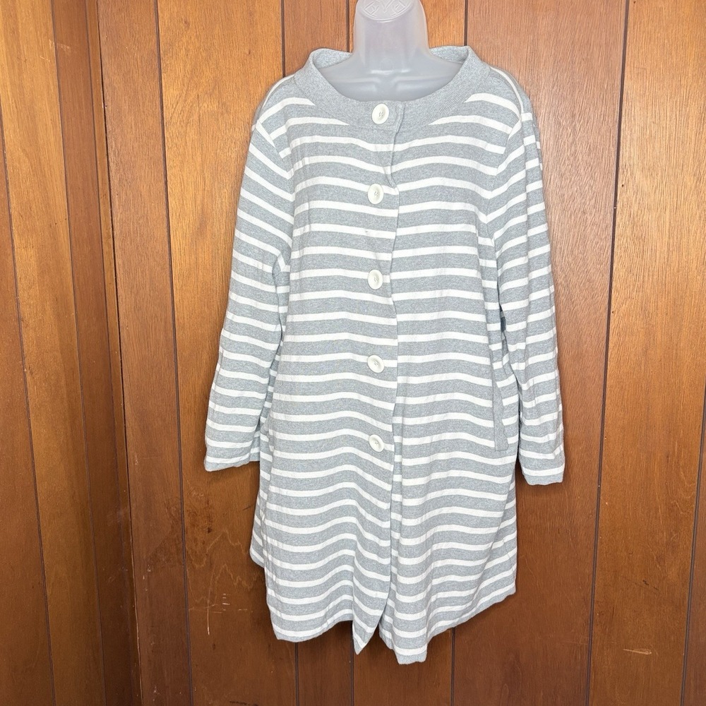Liz Claiborne Cardigan Womens 2X Gray White Sweater Coat Nautical Coastal Preppy